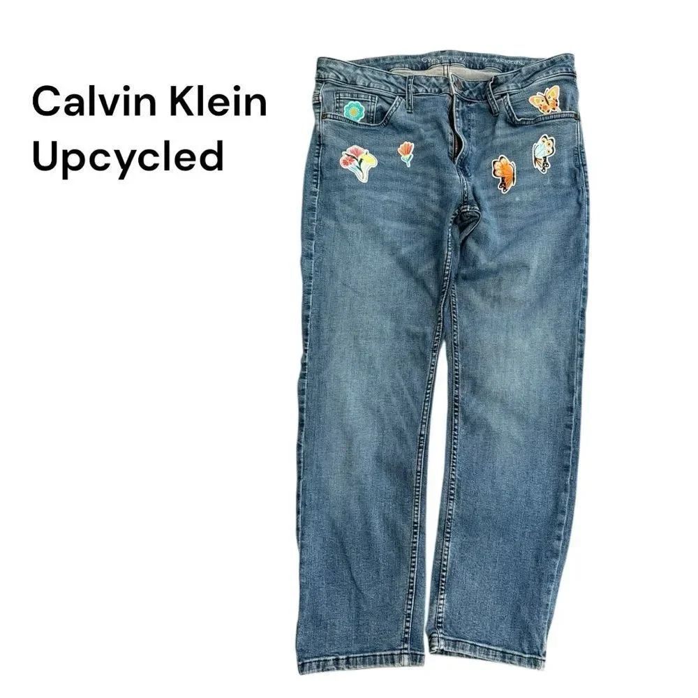 Calvin Klein Blue Jeans with Fun Patches upcycled with butterflies & flowers
